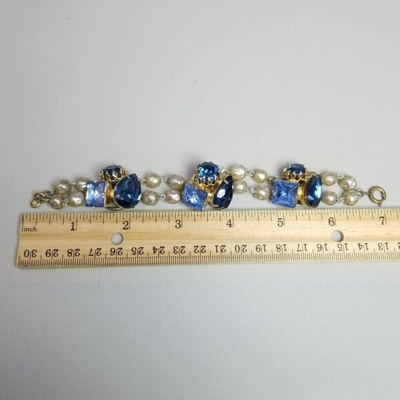 Vintage Blue Rhinestone Clusters and Faux Pearl Beaded Bracelet, Made in Germany - Picture 6 of 9